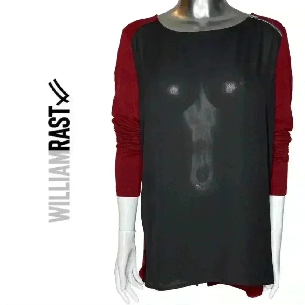 William Rast Top Black Red Knit Sleeves & Back Zipper Neck Medium
